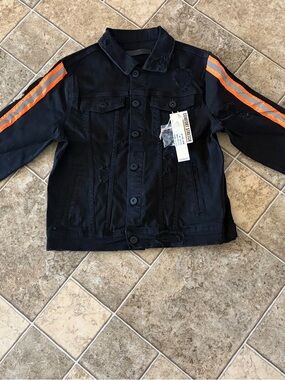 Men's Black Denim Jacket with Orange Sleeve Stripes by